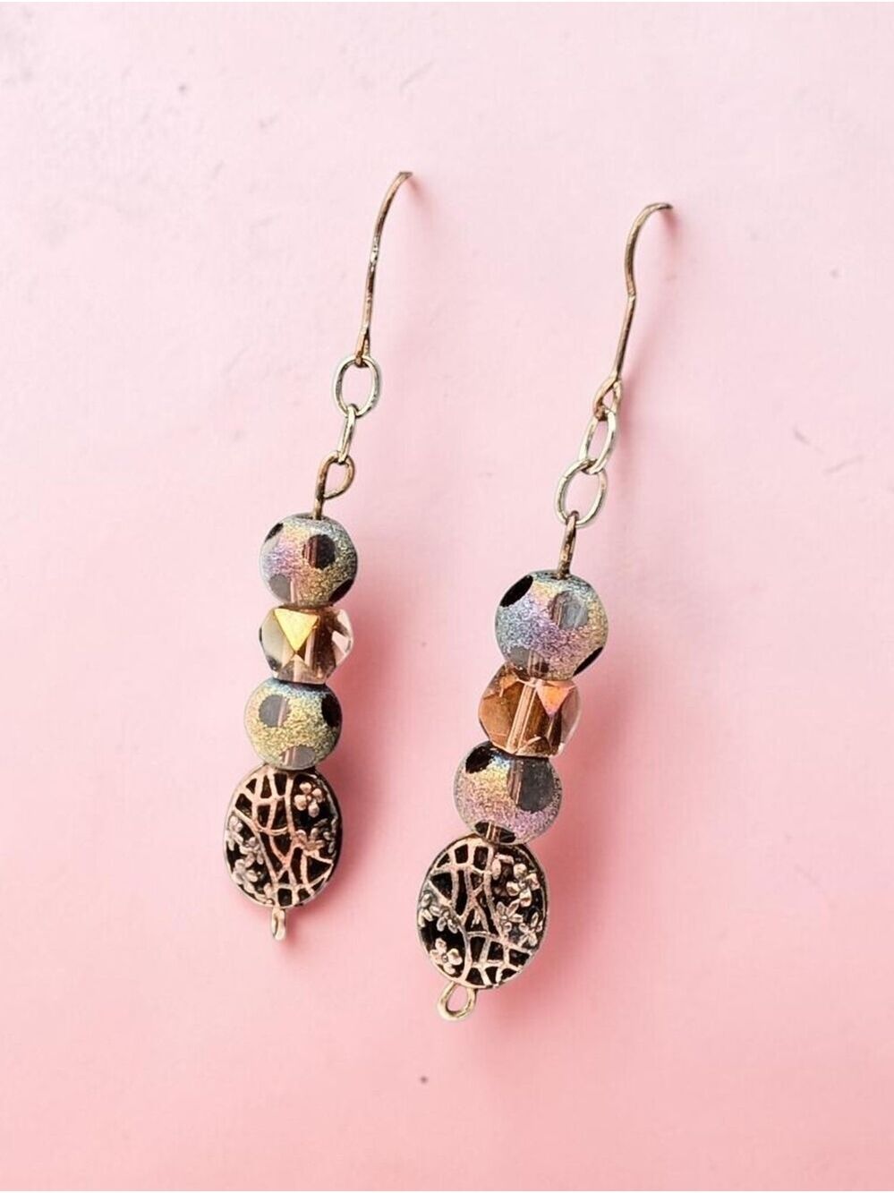Handmade Rose Gold Drop Earrings Iridescent Beads